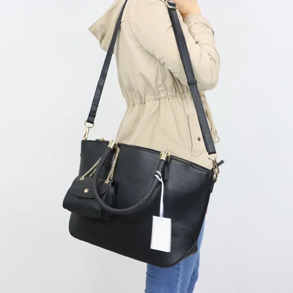 Black Faux Leather Purse and Coin Purse 2 in 1 Set Tote Cross Body Shoulder Bag - Picture 10 of 12